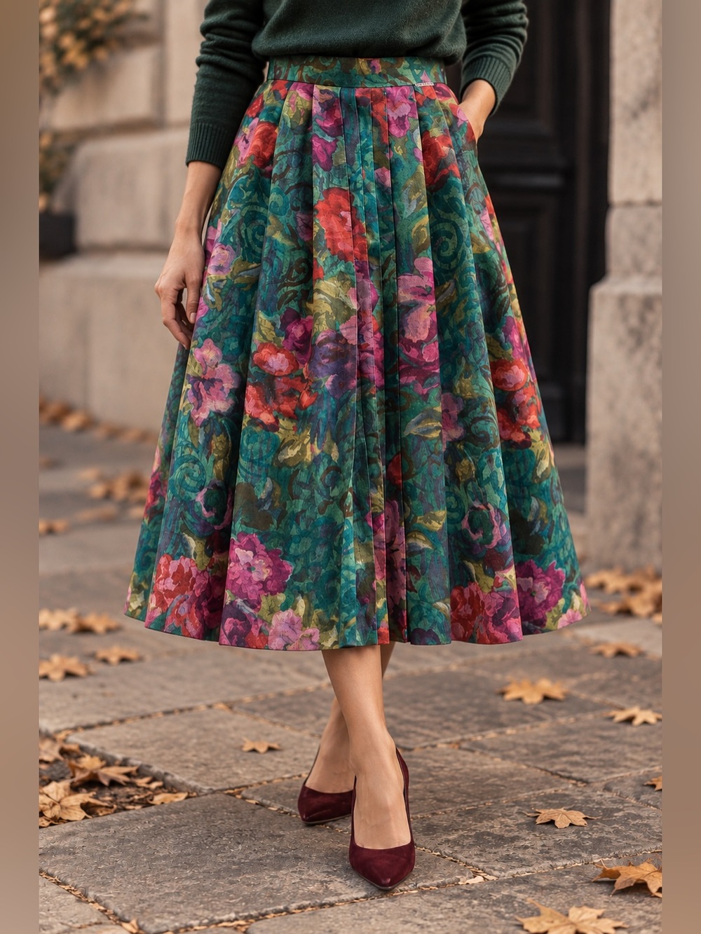 Vintage Geiger Wool Skirt Floral Pleated Midi Skirt High Waist A Line Skirt 30”